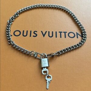 Authentic Louis Vuitton #315 Lock and Key Set on Chain Necklace Silver